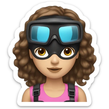 a woman with an a black scubadiver suit. she wear a pink dive mask, she has blue eyes inside the dive mask. brown long and straight hair sticker