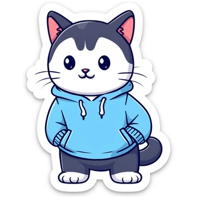 black and white cat wearing light blue sweatshirt sticker