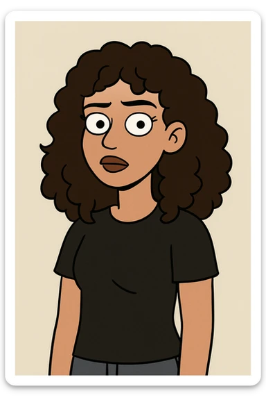 portrait of a girl with 2b dark brown curly hair, brown eyes and lips, light morena skin, wearing a black t-shirt, flat toon style sticker