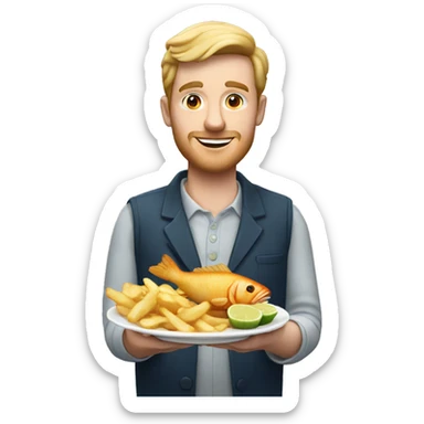 english man holding a plate of fish and chips sticker
