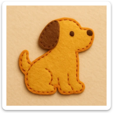 Minimal felt appliqué dog icon, low-detail, smooth rounded edges, moderate contrast orange stitched border, soft matte felt texture, warm brown and yellow palette, small dot eyes, no mouth, flat angle, soft beige background sticker