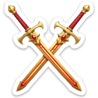 Two crossed swords that are golden in blade and handle and have fiery and royal appearence to them as well as red gem stones sticker