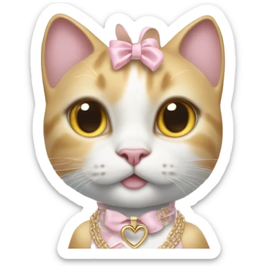 A white yellow jumbo cat wearing a pastel pink dress, a ribbon on its head, white Jordan shoes, Dior-branded gloves, a large gold necklace, and big silver earrings. sticker