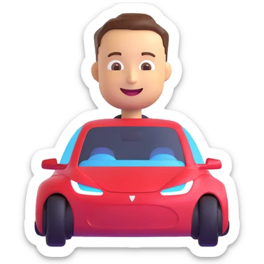 Elon Musk emoji with electric car, happy face sticker