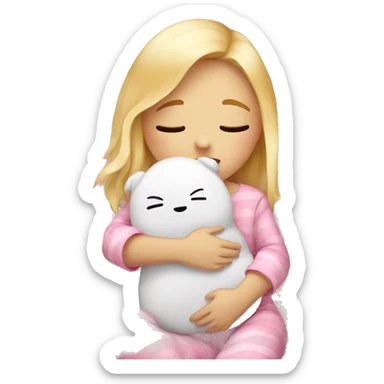 blonde girl wearing a pink pjs being very sleepy and hugging a pillow sticker