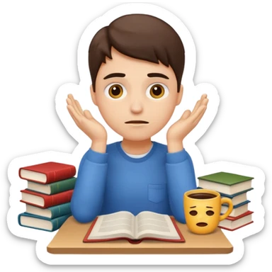 emoji student stressed with books and coffee, exam, tired, white background sticker
