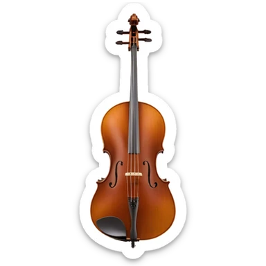 Create an elegant and refined emoji representing a Cremona 4/3F 4/4 cello with bow. The design should feature the distinctive, finely crafted body of the cello, highlighting its rich wooden finish and gracefully curved shape. The bow should be included, with visible horsehair and a polished wooden stick. Add subtle details like tuning pegs and strings to emphasize the precision and craftsmanship of the instrument. Use warm wood tones, deep brown, and soft metallic accents to reflect the high quality of the Cremona cello. The background should be transparent. sticker