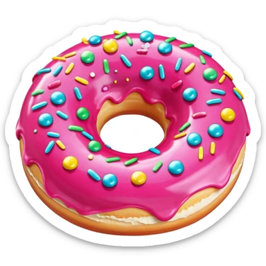 vibrant donut with glossy pink icing and multicolored sprinkles, slight side angle sticker