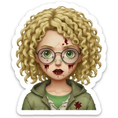 a curly girl blonde with green eyes and glasses zombie sticker