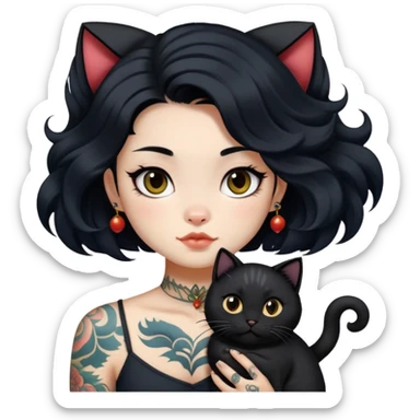 a Chinese girl with long black  Big Wave hair and tattoos and a black round faced cat  sticker