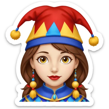 a girl with brown hair a blue and red jester hat with yellow pom pom's at the tip of the jester hat her eyes a patren of red and blue  sticker