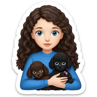 Brunette girl with long wavy hair and blue eyes holding one black puppy poodle with brown eyes. No decoration on the dog.  sticker