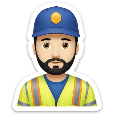 Man in yellow hi vis overalls, with black hair and full beard, wearing a dark blue baseball cap  sticker