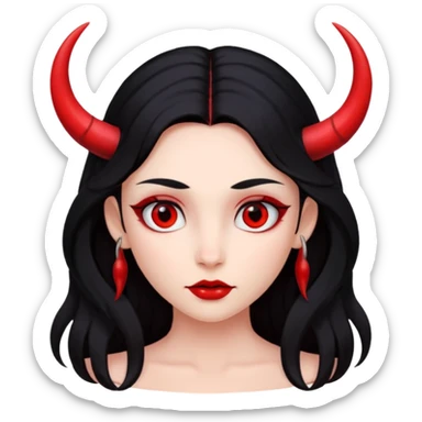 A girl's face with cheekbones, completely red skin, long black hair, small red horns, and red eyes. sticker