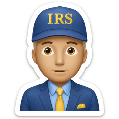 a man dressed in a blue suit with a cap on that says IRS in yellow letters sticker