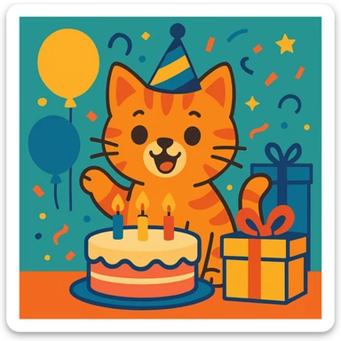 a ginger tabby kitten celebrating its birthday, wearing a birthday hat, surrounded by a birthday cake, balloons, gifts, and looking happy sticker