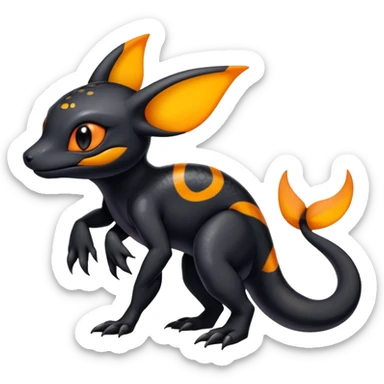 A black Salandit-Umbreon-newt-hybrid-Fakémon-creature with orange belly sticker
