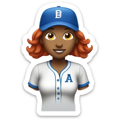 front facing standing female coach with long red hair, wearing a white t-shirt and a simple baseball blue hat sticker