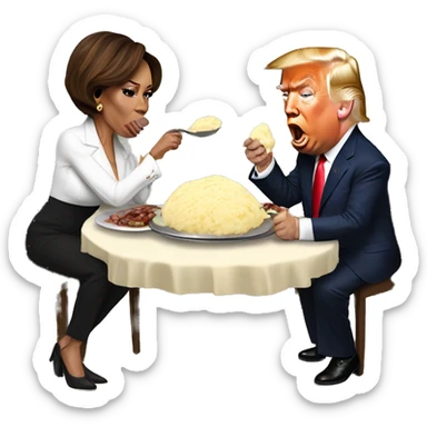 donald trump eating mashed potato’s with kamala harris who is eating a big beef steak. both of them are eating together.  sticker
