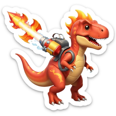 rocket-propelled dinosaur character, cute T-rex, rocket pack on its back, flames and smoke trail, dynamic flying pose, 3D cartoon, mobile game icon style, clean background, no text, no watermark
 sticker