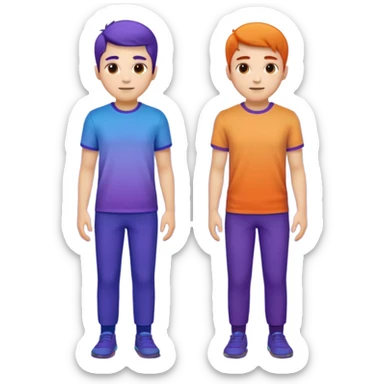 Keep the two male characters realistic, no simplification. Recolor their clothes into the gradient palette (blue, violet, orange), matching the style of the travel emoji pack. White or transparent background. sticker