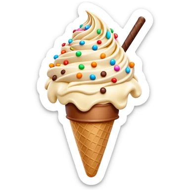 Cinematic scoop of rich, creamy ice cream, slightly melting, smooth swirls of chocolate and vanilla, colorful sprinkles on top, warm glowing background, playful and inviting. sticker