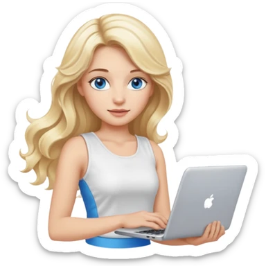 3D Apple-style emoji of a blonde woman whits long wavy hair, with bright blue eyes,
wearing a white sleeveless top,
holding a silver laptop,
clean white background, smooth rounded design
 sticker