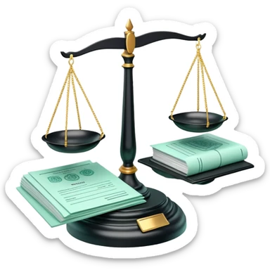 Responsabilité Administrative (Administrative Responsibility), 3D techy icon with black and mint green (#B5F4D3) color scheme, scales of justice with official documents sticker