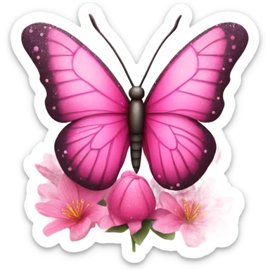 Large beautiful pink butterfly sitting on top of a spring time flower with glitter  sticker