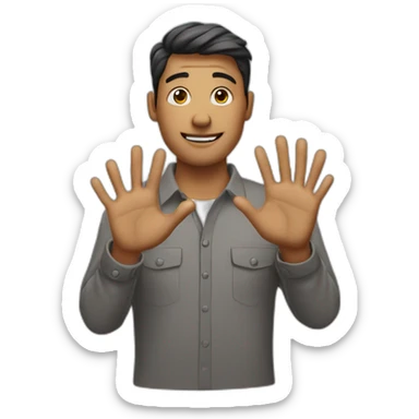 man with hands crossed in front of him. Hands in the air and 2 fingers on each hand sticking out sticker