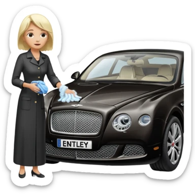 A old blond lady washing a black Bentley car. show the full car and the lady next to it. show the face smaller and the person standing beside it sticker