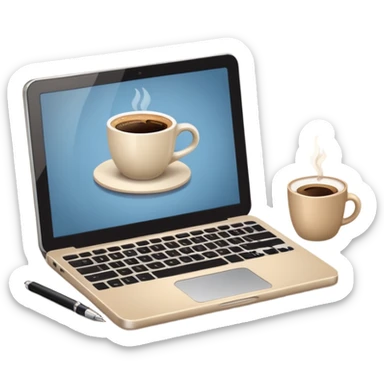 Laptop on the beige table, coffee and notebook sticker