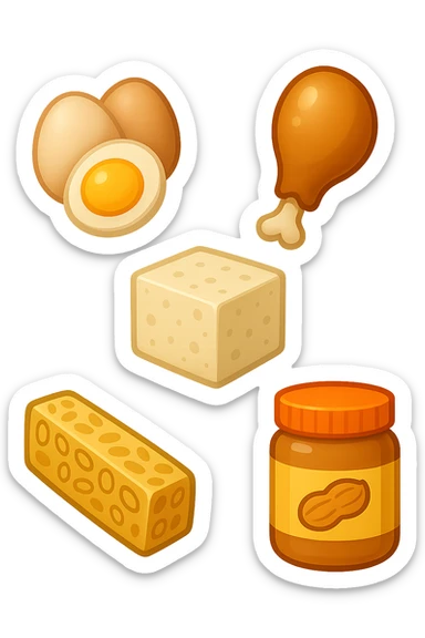 EMOJI STILE IPHONE DI
 uova, pollo, tofu, tempeh, burro di arachidi
, fluttuano in aria REALISTICA 4K sticker