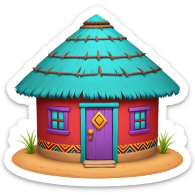 African mud hut tribal house, round adobe clay hut, thatched roof, bright colorful paint, walls in turquoise, red, yellow, purple, tribal patterns, cute mobile game icon, 3D cartoon, soft shadows, clean background, no text, no watermark sticker