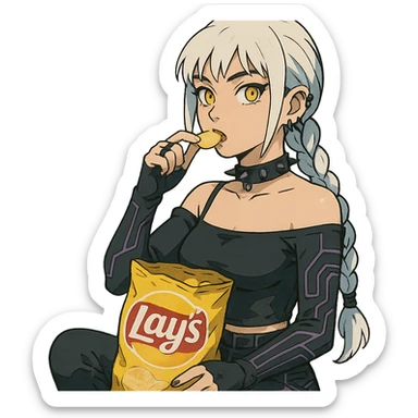  she is snacking out of a huge bag of lays-chips, a closeup portrait of young woman with gold yellow eyes, white hair, long braid, black off-shoulder top d-cup, punk gothic style, futuristic cyberwave cyberpunk, sitting position
 sticker