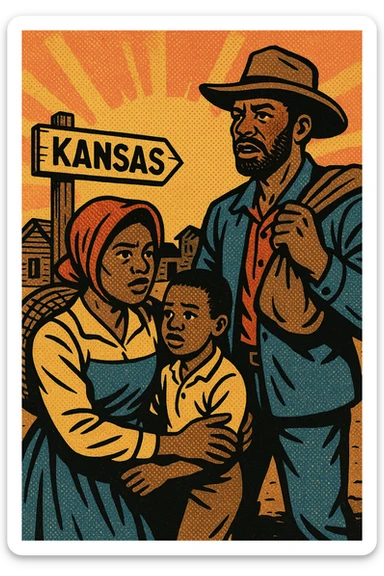 An African American black exoduster family in the American West in 1879 in a small settler town with the sign post Kansas sticker