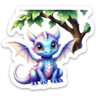 Airbrush painted image of an adorable little baby dragon with large glistening eyes sitting beside a tree under a deep galactic sky with pearlescent scales and wings spread against the stars sticker