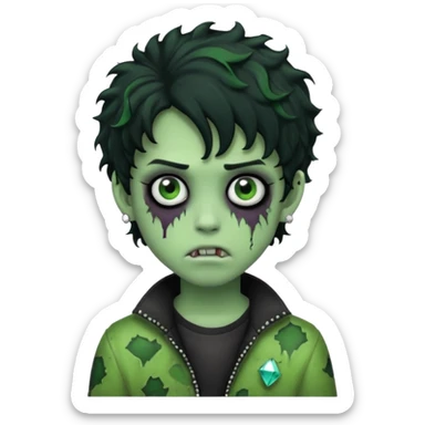 boy zombie with curly black hair emo green skin and diamond stud earrings sticker