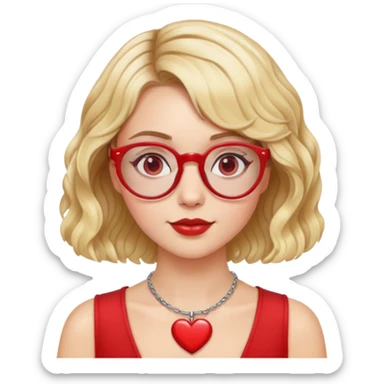 white girl head with short wavy blonde bob hair, red round glasses, heart necklace sticker