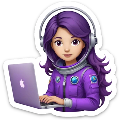 girl astronaut with purple suit, long ombre black/brown wavy hair and one macbook sticker