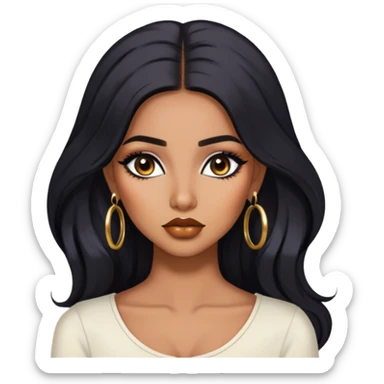 indian girl, brown skin, long black voluminous hair, brown underneath colored hair, baddie,pretty, makeup, lipliner, black eyeliner, gold hoop earrings, white top sticker