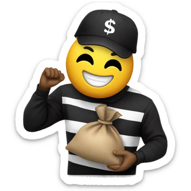 A yellow-faced emoji with a black mask, striped shirt, and a black cap smiles while holding a dollar-signed sack. The expression is friendly and playful. A normal emoji job position  sticker