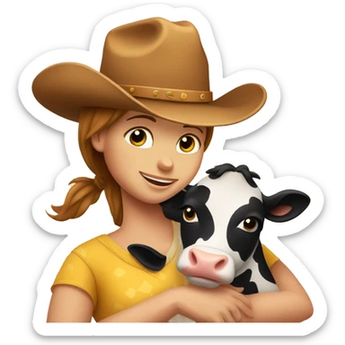 Mother cow hugs her daughter and puts a cowboy hat on her head sticker