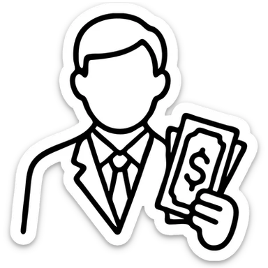 Business man holding dollar bills, wealthy person with cash sticker