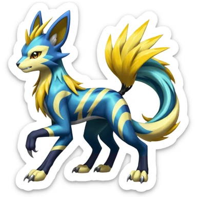 Feral Scaly Striking Slaying Badass Evil Handsome Lightning-patterned Zig-zagged buzzy fuzzy Meloetta-Renamon-Zeraora-Luxray-Cobalion-Suicune-Vernid-fusion-hybrid-creature, full body  sticker