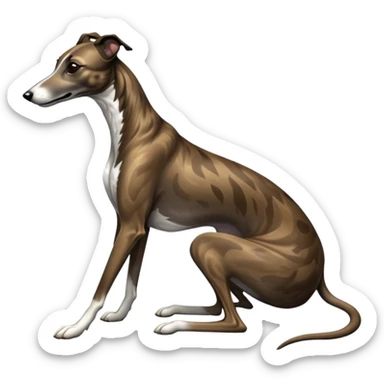 cinematic-[brindle greyhound]-realistic-full-body-sitting-emoji,-tail-resting-loosely-beside-its-paws,-head-tilted-dramatically, -sleek-[dark brindle]-fur,-simplified-yet-realistic-focused-features,-highly-detailed,-glowing-with-an-almost-sarcastic-glow sticker
