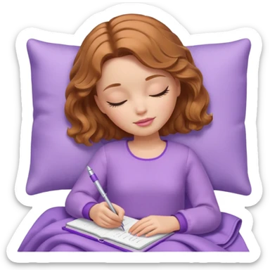 White Barbie girl Chestnut bob wavy hair sleeping with In lavender clothes, he writes in a notebook sticker