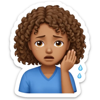 young curly hair girl, brown hair, with a blue shirt, in despair crying sticker