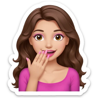 girl with long wavy brown hair, brown eyes, long lashes makeup, pink lips, light to medium complexion, pink sexy top, smiling, hand covering the mouth, giggling sticker