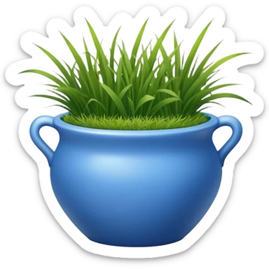 a small blue cachepot without handles with grass leaves gathered in a pile. sticker